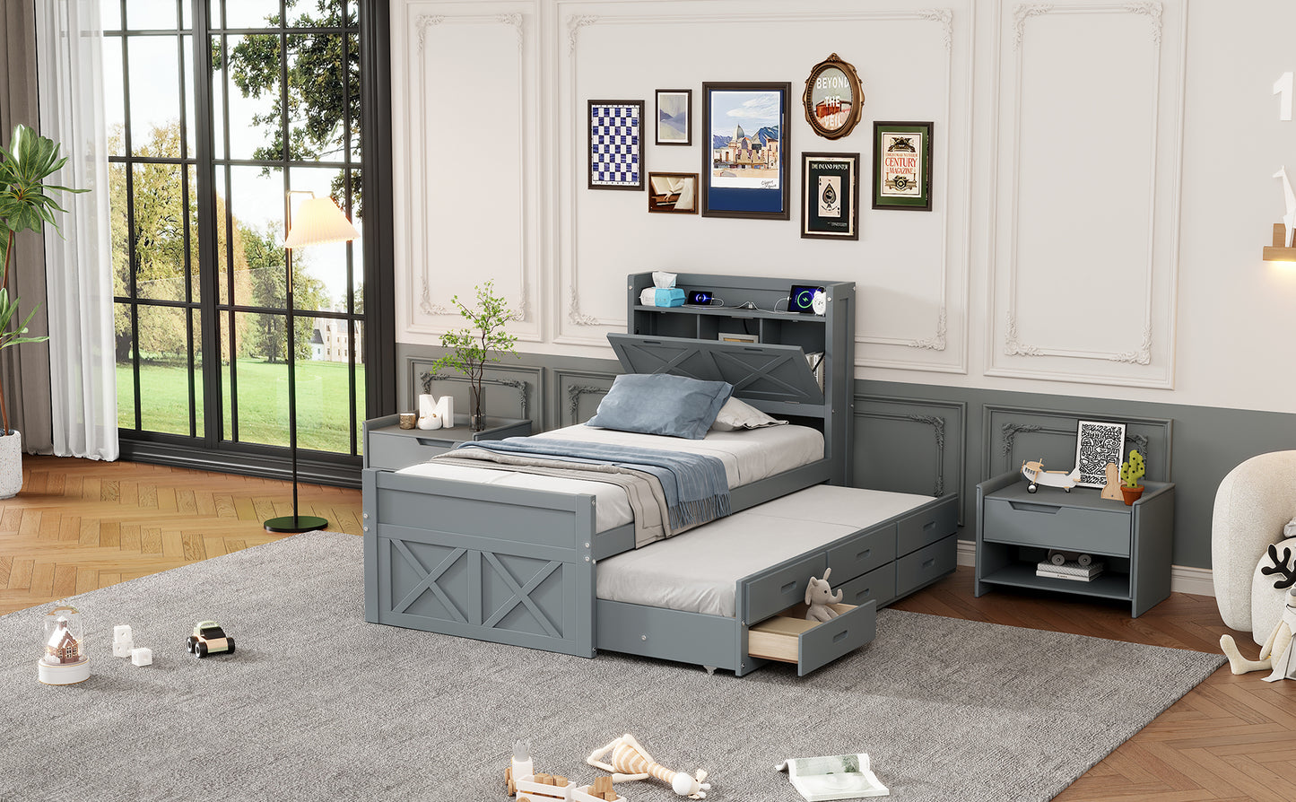 Twin Size Wooden Bed with Storage Headboard with Outlets, Extendable Bed with Twin Size Trundle with Three Storage Drawers,Gray