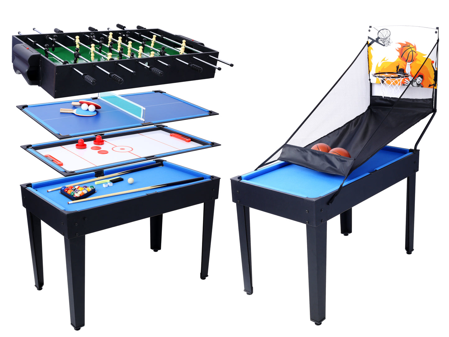 5-in-1 Multi-Game Table - Billiards, Push Hockey, Foosball, Ping Pong, and Basketball black/blue