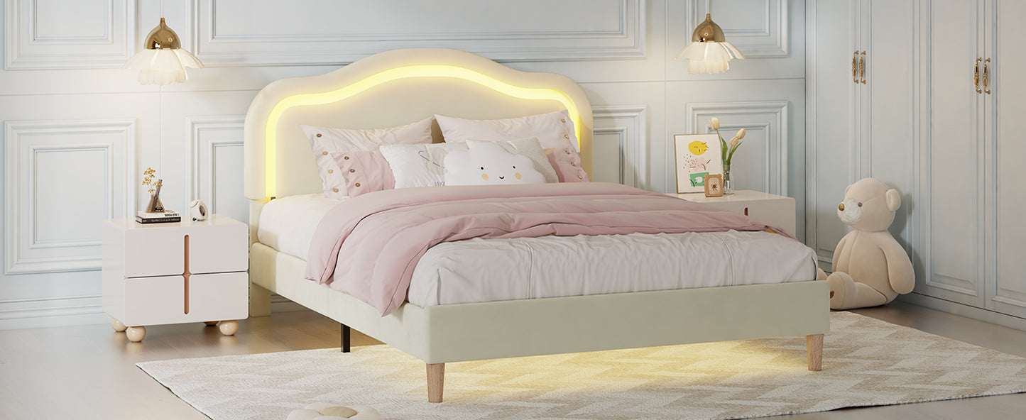 Queen Size Velvet Upholstered Smart LED Bed Frame with Adjustable Height Headboard,No Box Spring Needed,Easy Assembly,Beige