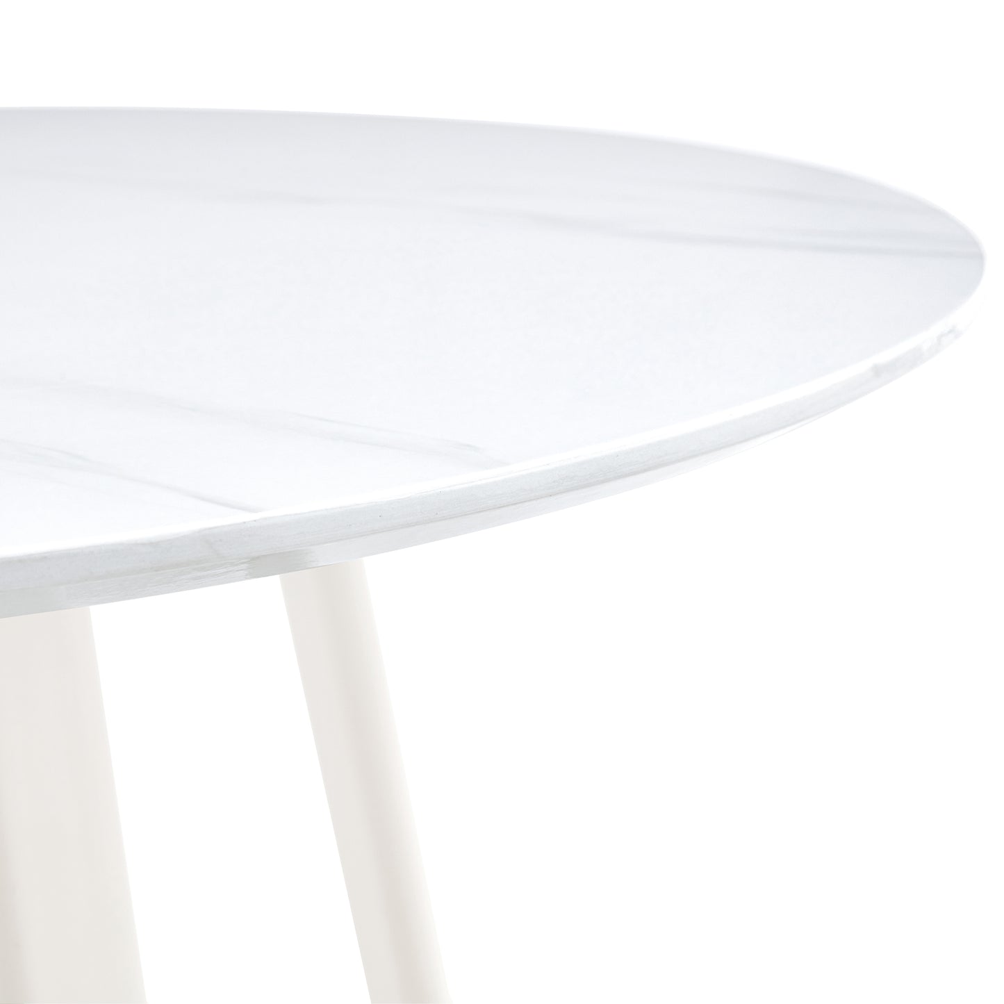 A modern minimalist circular dining table with a 42 inch diameter white patterned tabletop and white metal legs. Suitable for restaurants, living rooms, and conference rooms.