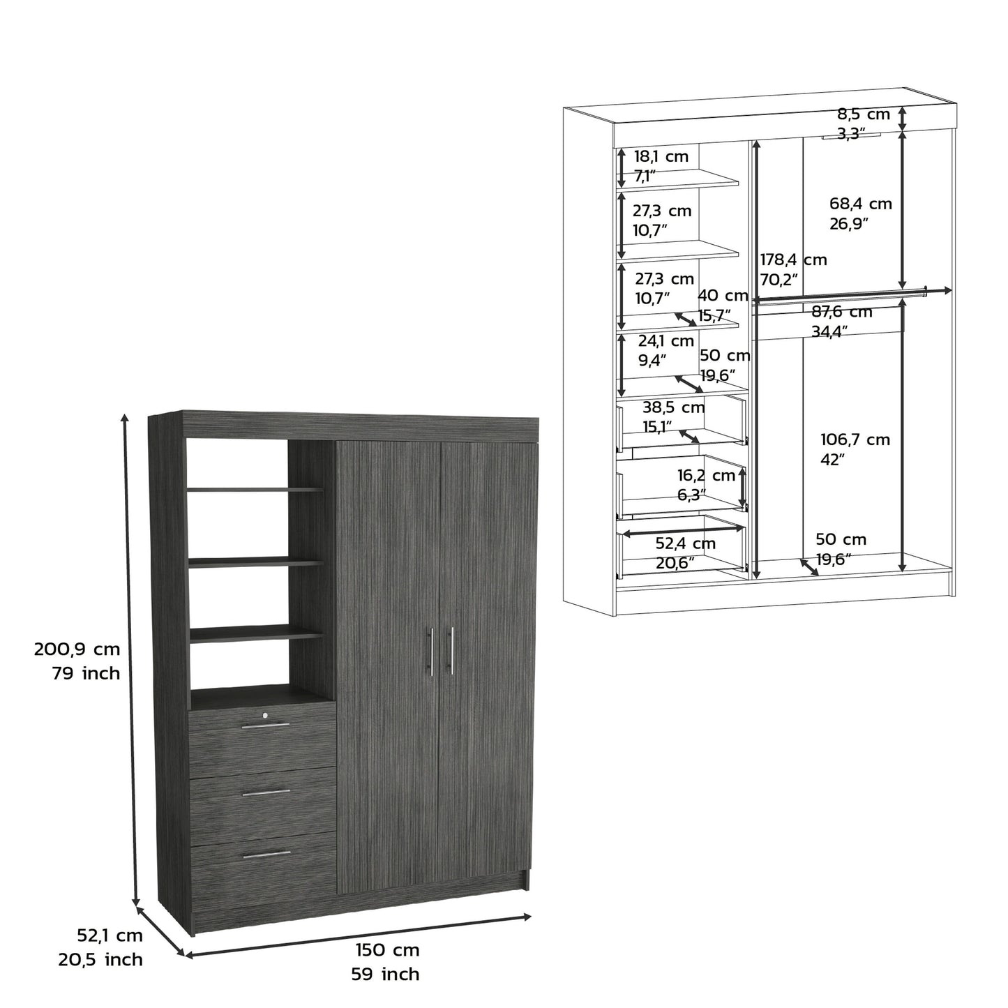 3-Tier Shelf and Drawers Armoire with Metal Handles, Smokey Oak