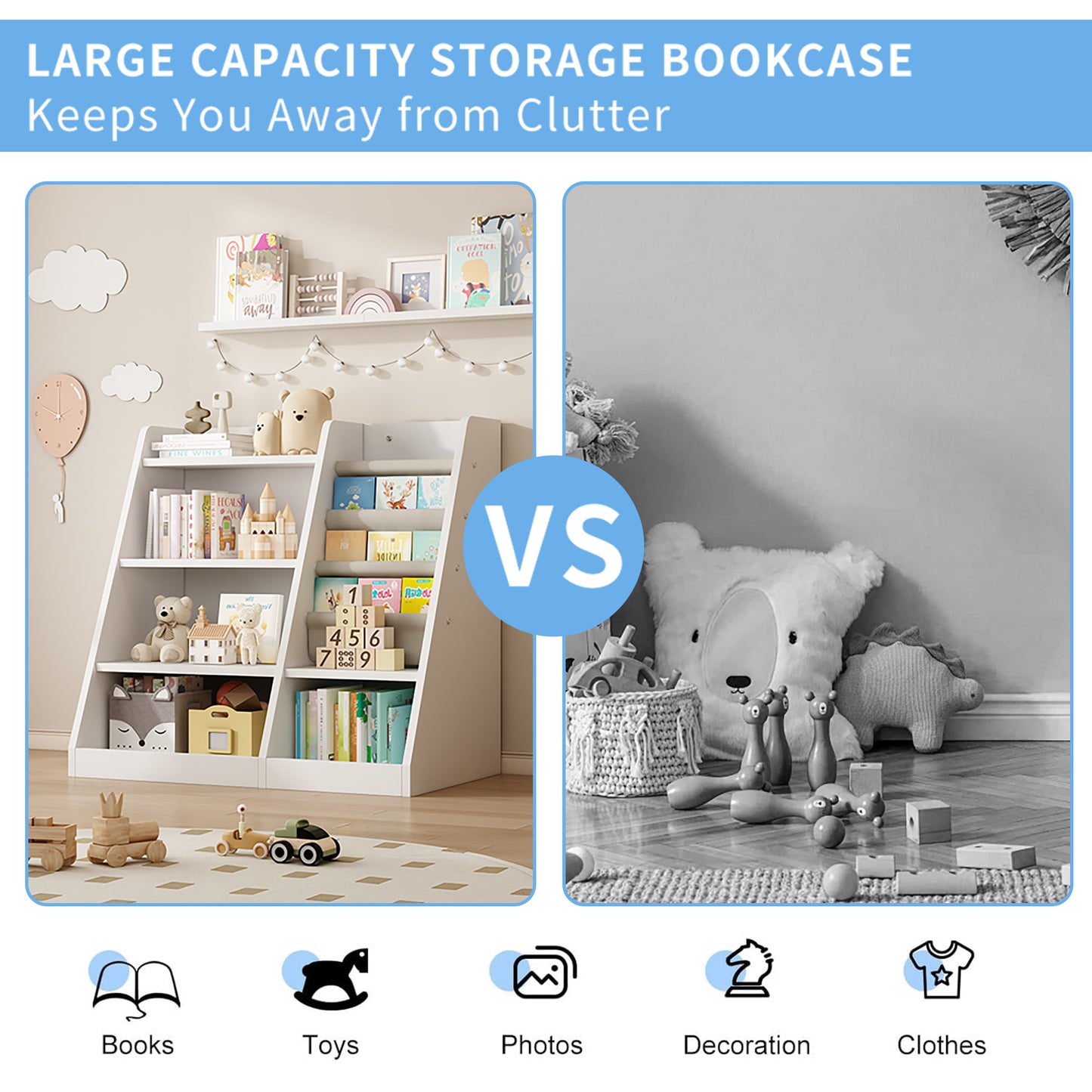 White Wooden Toy Storage Organizer Cabinet  Kids Bookshelf  Children Bookcase Toddler Baby Sling Book Rack Adjustable Shelf for Playroom Bedroom Nursery Hallway School Kindergarten Living Room