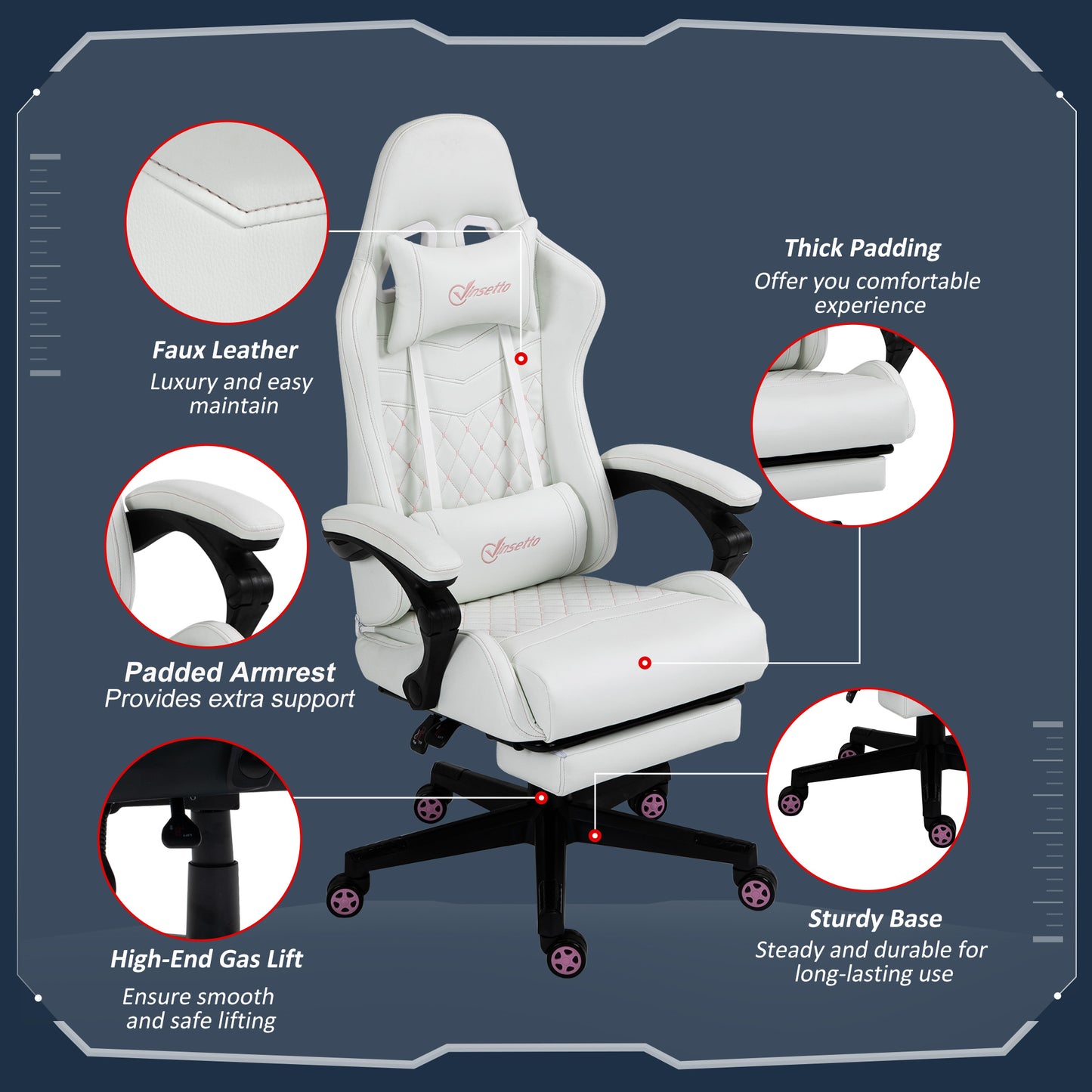 Vinsetto High Back PU Leather Gaming Chair, Racing Computer Chair with Swivel Wheels, Retractable Footrest, Headrest, Lumbar Support, and Armrest, White and Pink