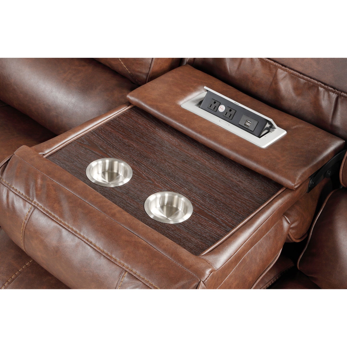 Achern Brown Leather-Air Nailhead Manual Reclining Sofa with Storage Console and USB Port