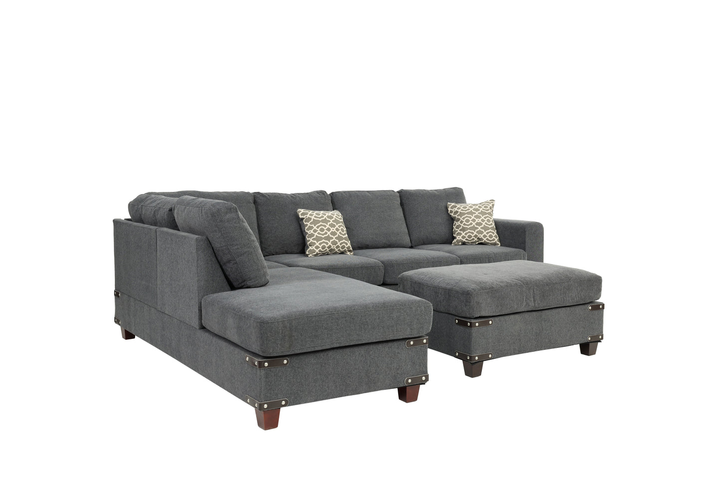 Living Room Furniture Charcoal Chenille Sectional w Ottoman Linen Like Fabric Sofa Reversible L/R Chaise Ottoman 3pc Sectional Sofa