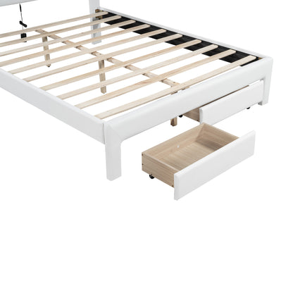 Queen Size Upholstered Platform Bed with Tufted Headboard, LED and 2 Drawers, White