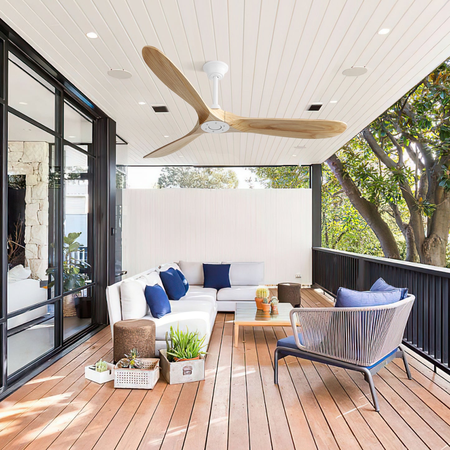 60 Inch Indoor Modern Ceiling Fan With 3 Color Dimmable 6 Speed Remote Control 3 Solid Wood Blade For Living Room