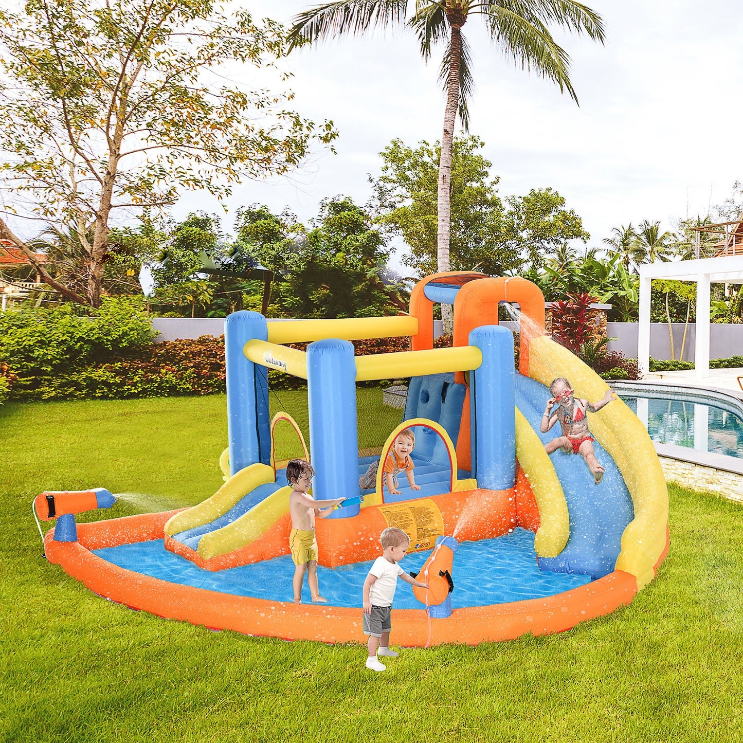 Outsunny Kids Inflatable Water Slide 5-in-1 Bounce House Water Park Jumping Castle with Water Pool, Slide, Climbing Walls, & 2 Water Cannons, 450W Air Blower