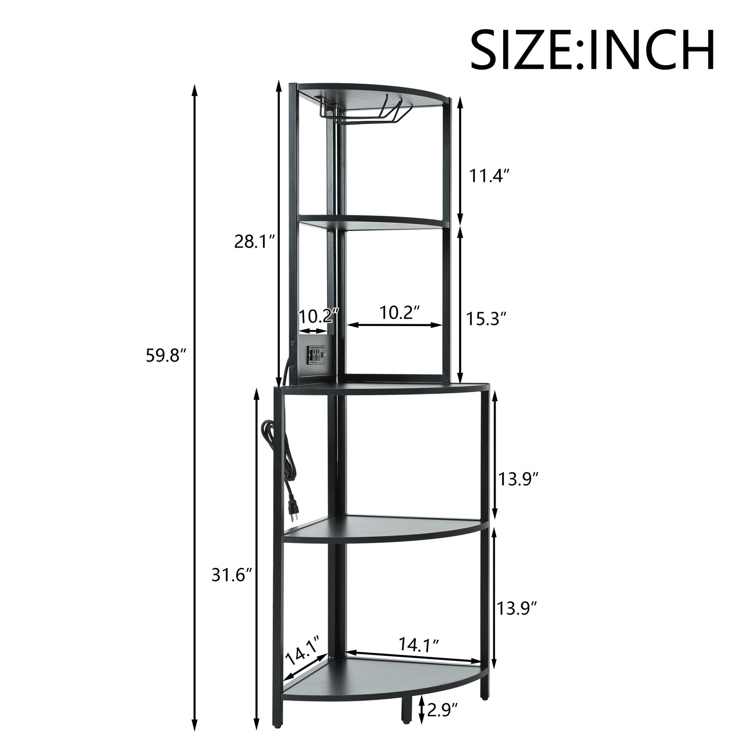 5 Tier Corner Shelf with LED Light and USB Plug, With Glass Holder, Tall Standing Shelf for Wall Corner, Narrow Bookshelf