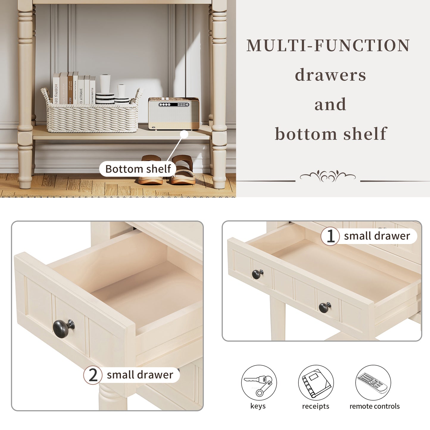 TREXM Narrow Console Table, Slim Sofa Table with Three Storage Drawers and Bottom Shelf (Beige)