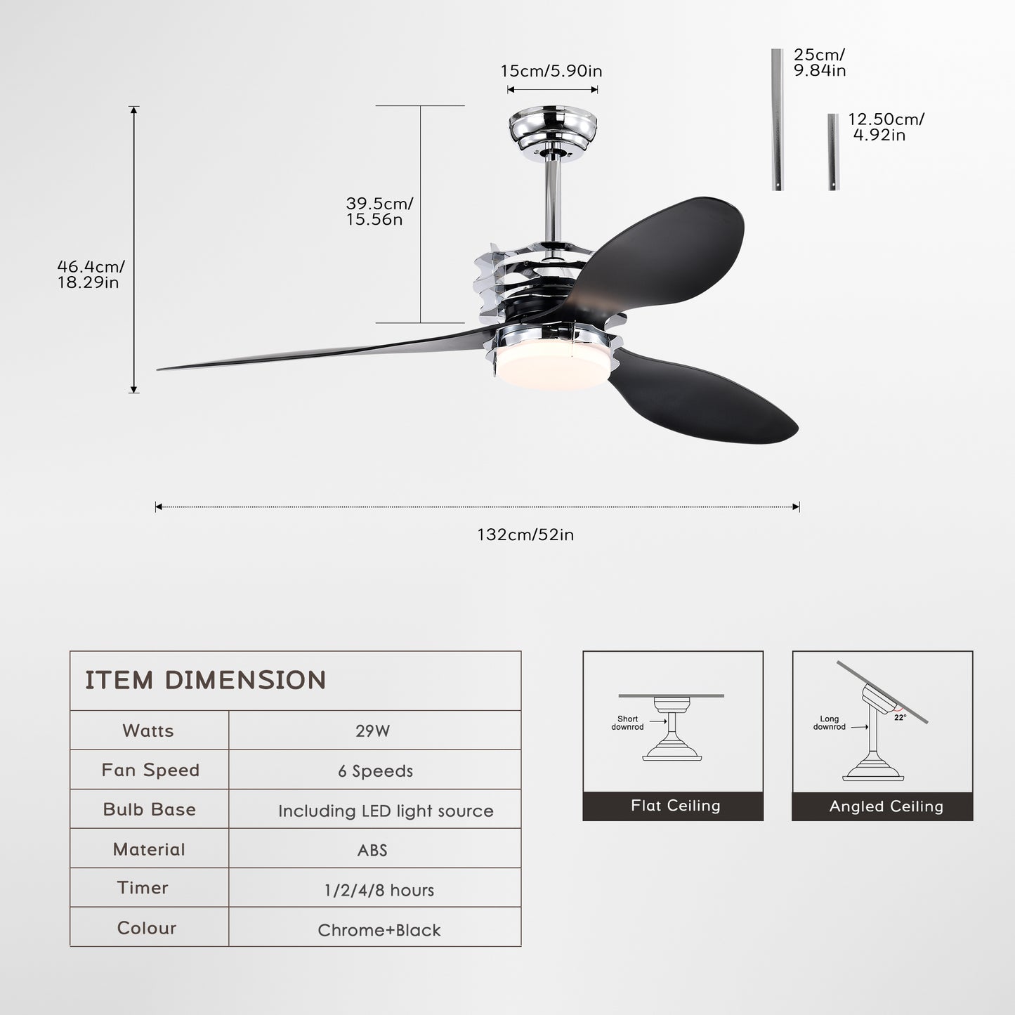 52'' ABS Blades Ceiling Fan with Lights and Remote (6 Speeds Adjustable) , DC Motor Modern Ceiling Fan with 3 ABS Fan Blades & 2 Down Rods, Indoor Ceiling Fan with Light for Home Use