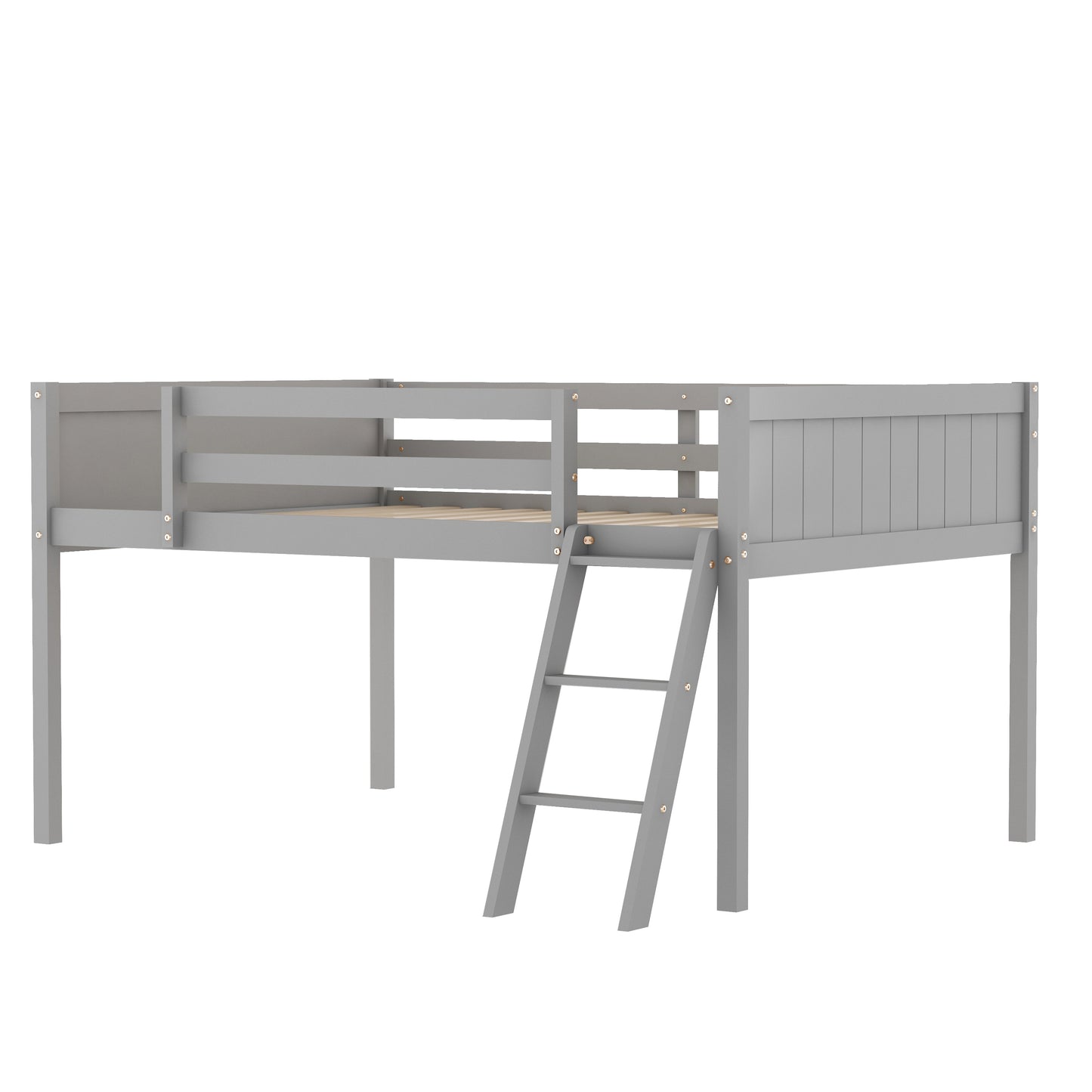 Full Size Wood Low Loft Bed with Ladder, ladder can be placed on the left or right, Gray (Old SKU:GX000366AAE)