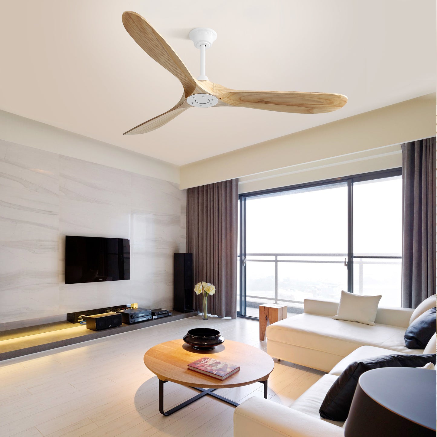 60 Inch Indoor Modern Ceiling Fan With 3 Color Dimmable 6 Speed Remote Control 3 Solid Wood Blade For Living Room