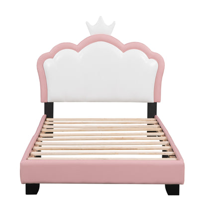 Twin size Upholstered Princess Bed With Crown Headboard,Twin Size Platform Bed with Headboard and Footboard,White+Pink