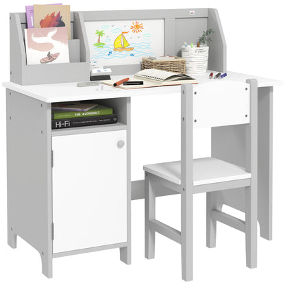 Qaba Toddler Desk and Chair Set, Kids Writing Desk Study Table for Children with Whiteboard, Storage Cabinet, Child Furniture, Art Gifts for Kids, Gray