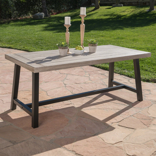 Outdoor Light Grey Sandblast Finish Acacia Wood Dining Table with Black Rustic Metal Finish Frame