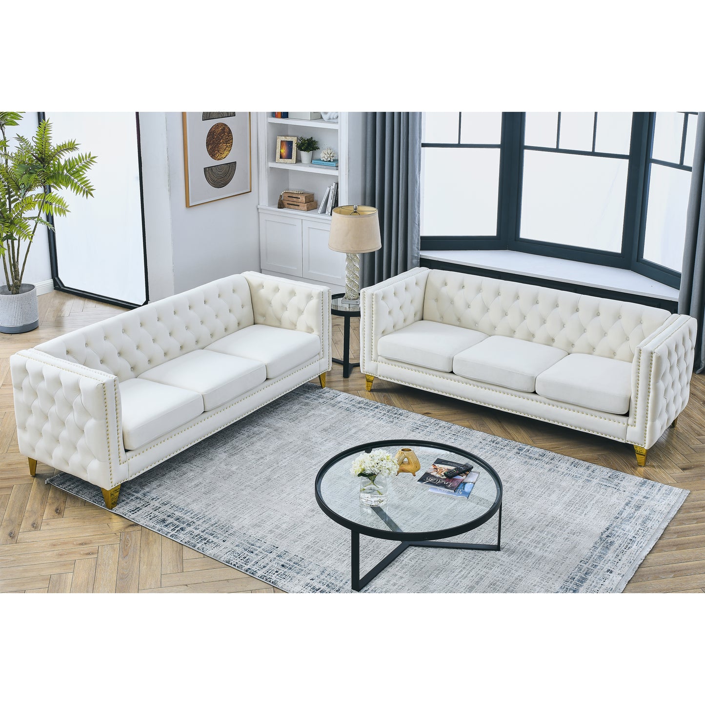 Velvet Sofa for Living Room,Buttons Tufted Square Arm Couch, Modern Couch Upholstered Button and Metal Legs, Sofa Couch for Bedroom, Beige Velvet ,2PCS