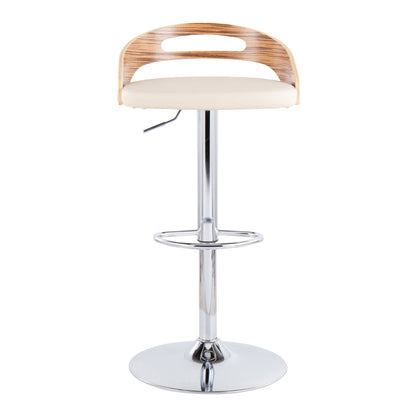 Cassis Mid-Century Modern Adjustable Barstool with Swivel in Zebra Wood and Cream Faux Leather by LumiSource