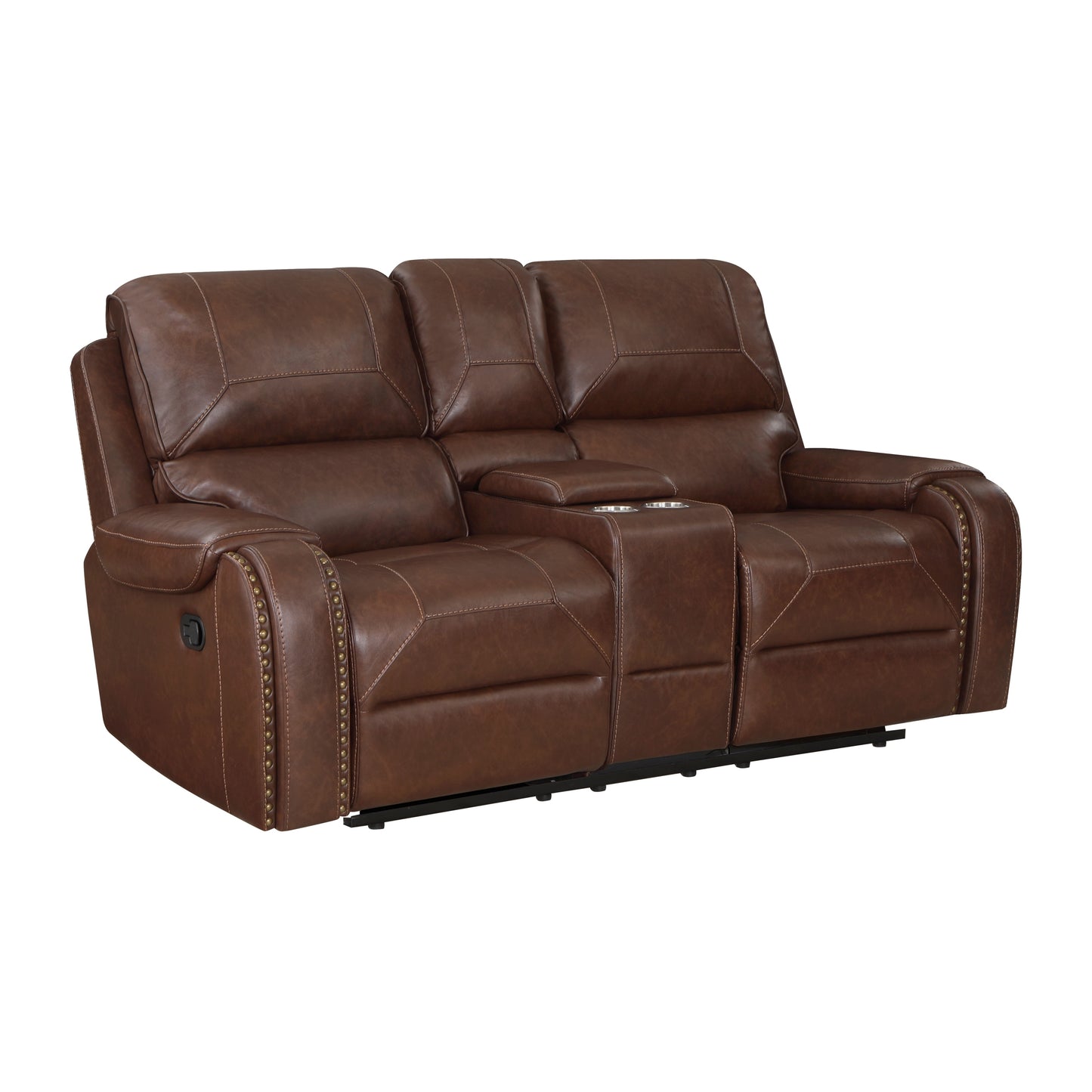 Double Glider Reclining Brown Love Seat with Center Console, Receptacles and USB Ports, Breathable Faux Leather Upholstered Traditional Nailhead Trim 1pc Modern Living Room Furniture