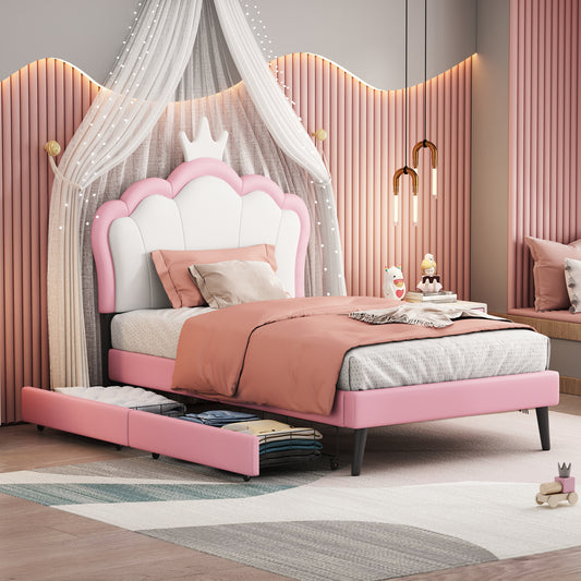 Twin Size Upholstered Princess Bed With Crown Headboard and 2 Drawers,Twin  Size Platform Bed with Headboard and Footboard,White+Pink