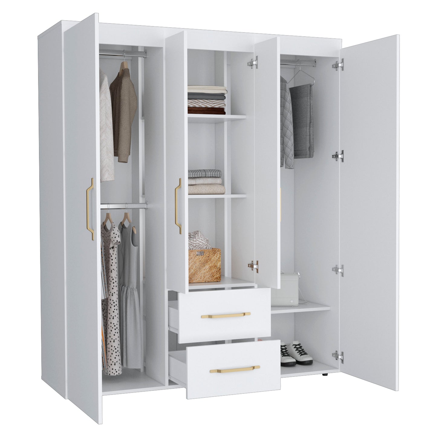 Bariloche Wardrobe, Multi-Section Storage with Hanging Rods, Shelves, and 2 Drawers
