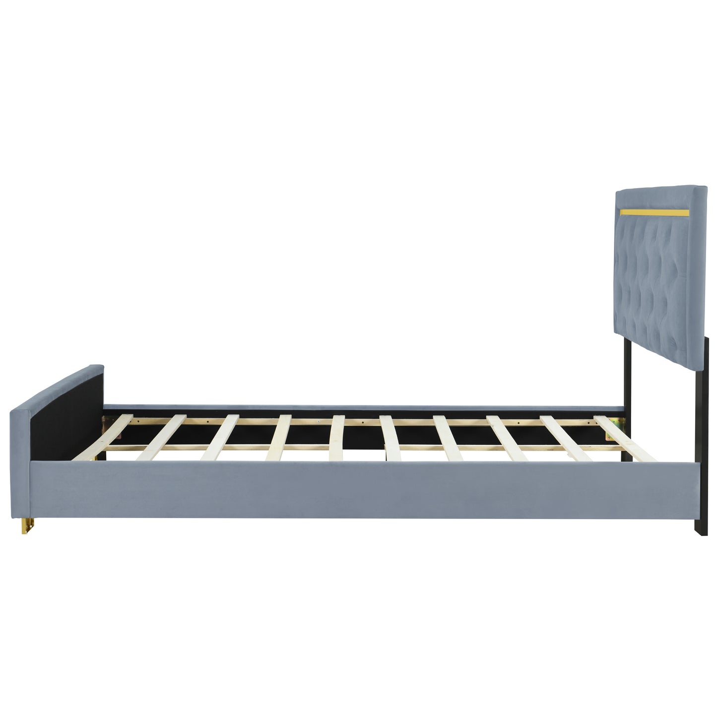 Queen Size Upholstered Platform Bed With Pull Point Headboard And Metal Wire Frame At The Head And Foot Of The Bed, Metal Feet, Velvet, Gray