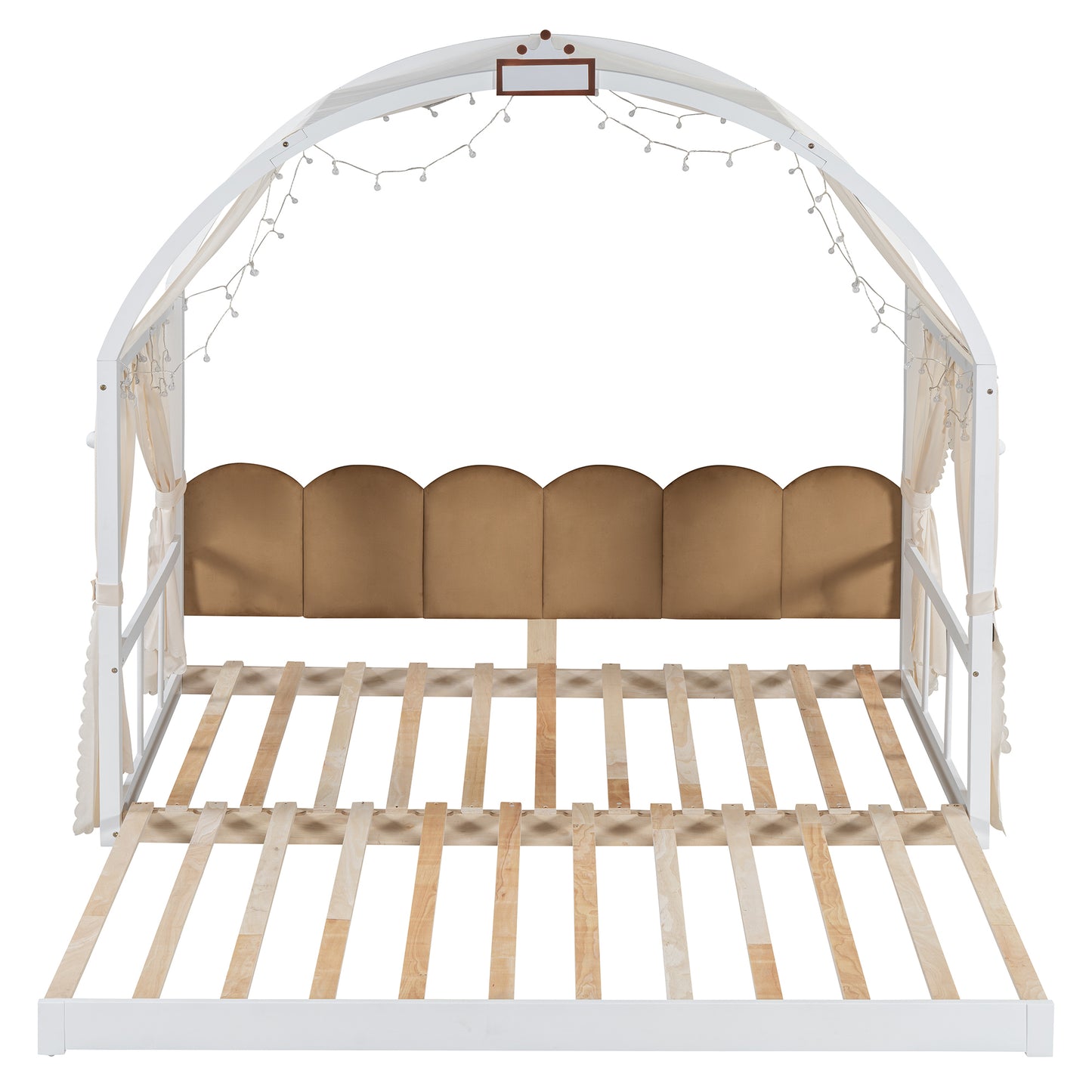 Twin Size Extended Bed With Arched Roof and Trundle, White