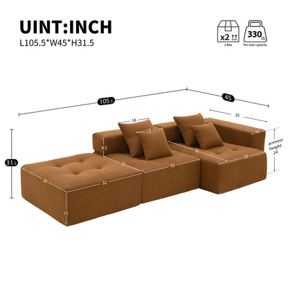 105.5''L Shaped Modular Sectional Sofa,Minimalist Corduroy Floor Couch Set,Convertible Foam-Filled Cloud Compressed Couch for Living Room,3 PC Free Combination,No Assembly Required,3 Colors