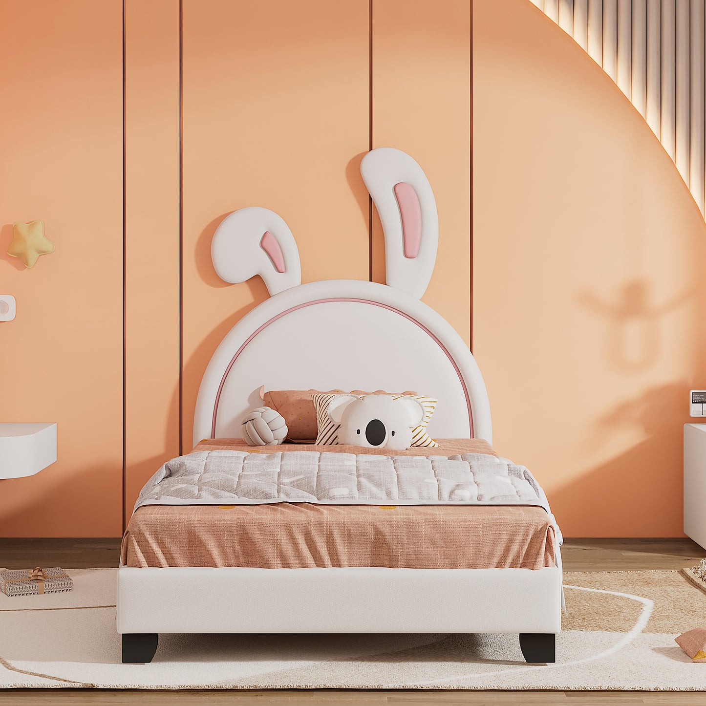 Twin Size Upholstered Leather Platform Bed with Rabbit Ornament, White