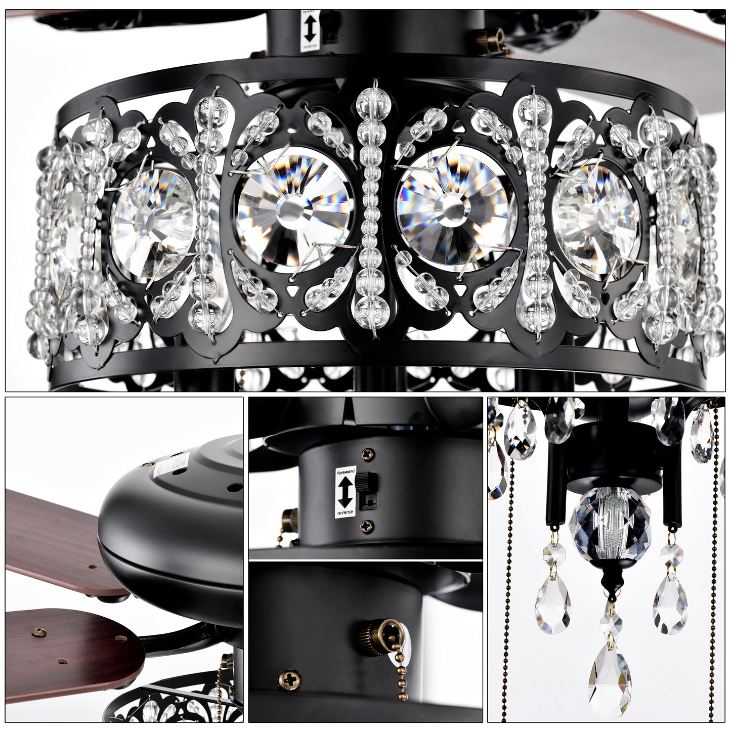 52'' Crystal Shade Ceiling Fan Lamp With Remote Control,3 Speed ,4 Timing , 5 Reversible Blades Crystal Ceiling Fan ,3PCS*E12  (NO Include Bulb) --  Hand Pull Chain