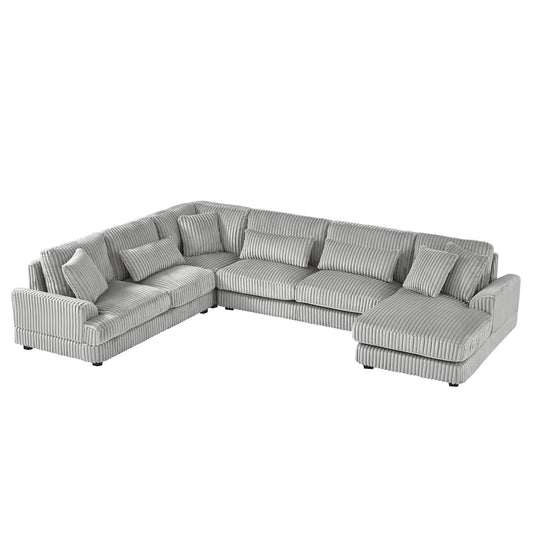 Modern Grey Oversized U-shaped Sectional Sofa with Chaise Lounge, Upholstered in Soft Corduroy