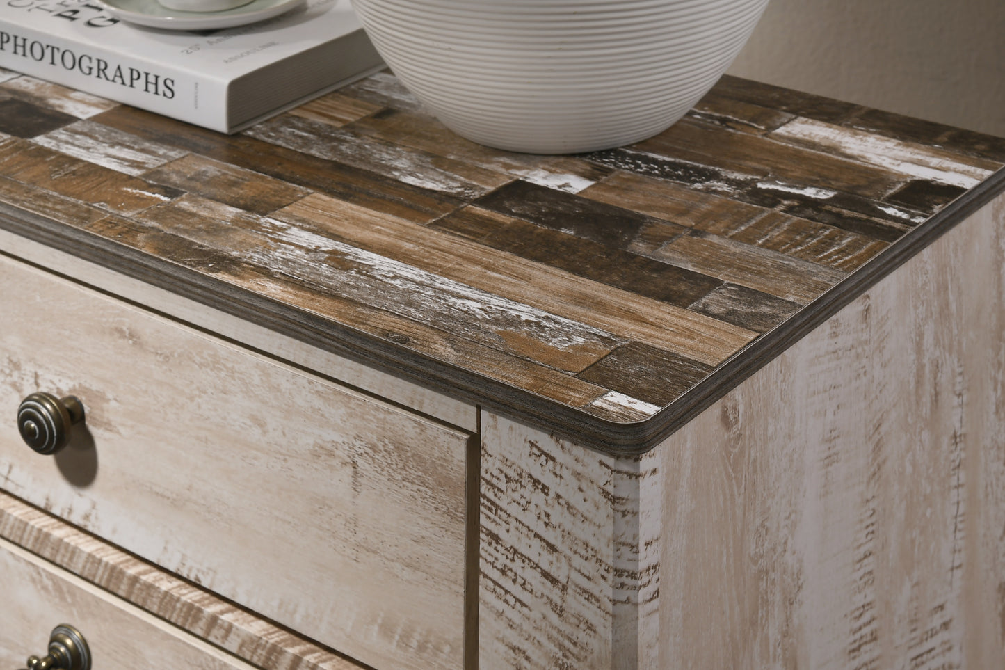 Imerland Contemporary Patched Wood Top 3-drawer Nightstand, Antique Brown