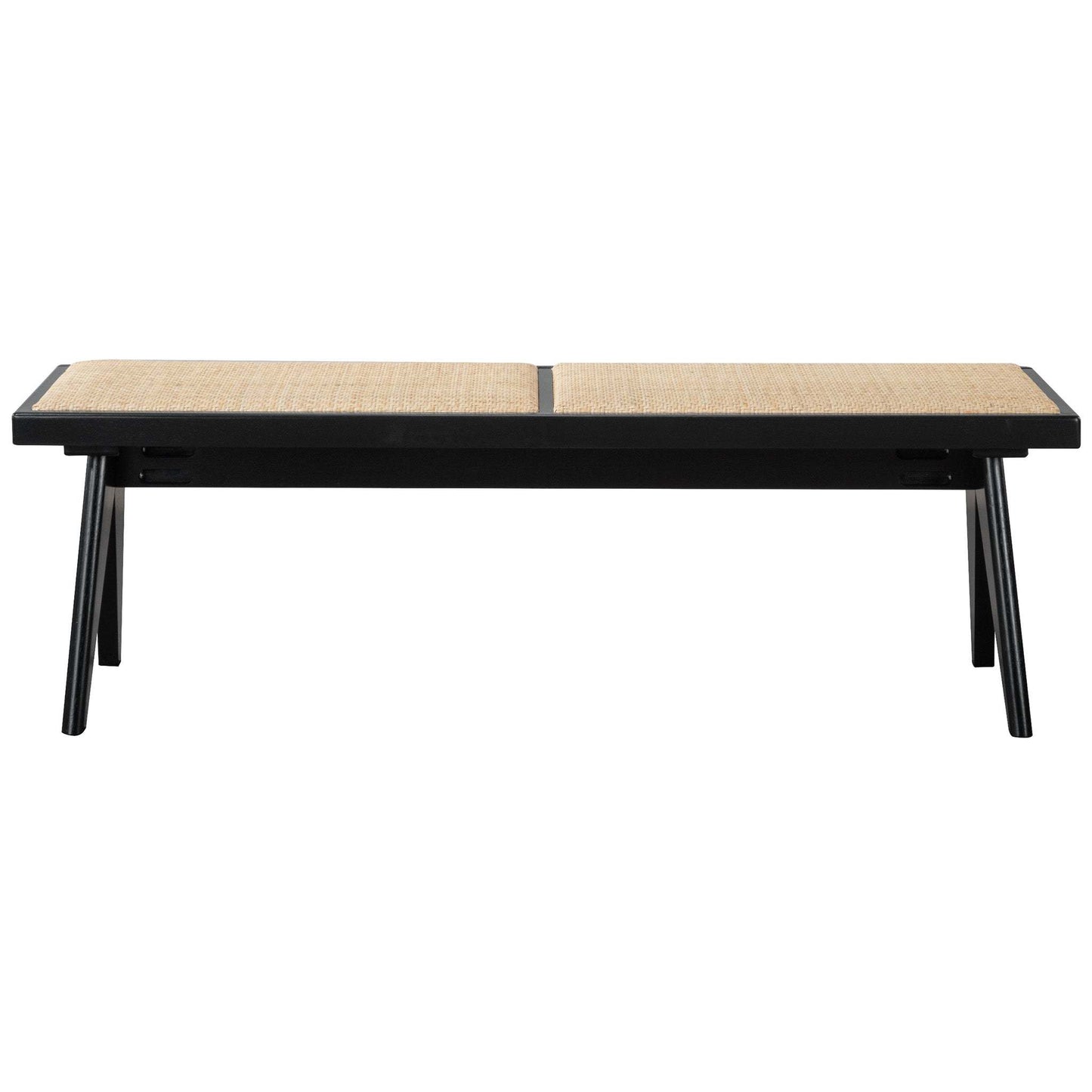 Keira Bench with Natural Rattan Upholstery and Black Solid Wood Legs, 51.2' Wide for Living Room, Entryway, Dining Room