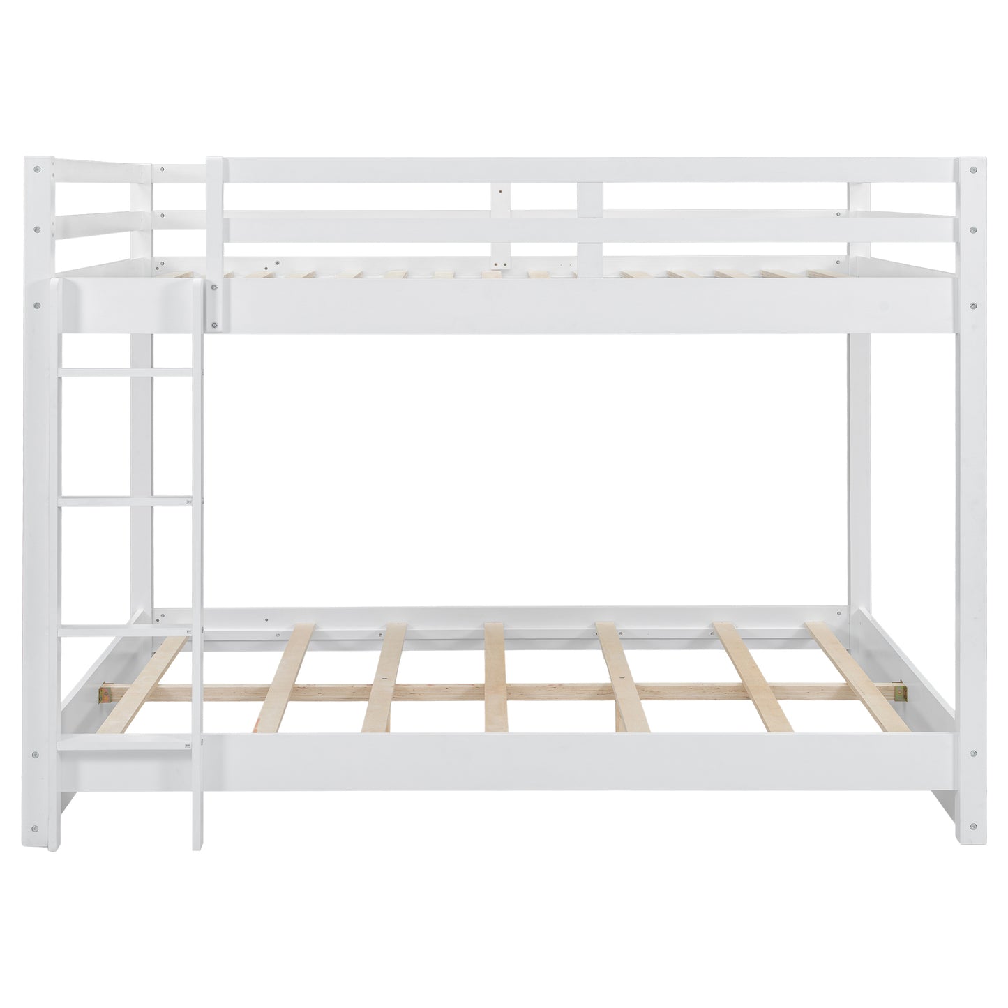 Wood Queen Size Bunk Bed with Ladder in White Finish, Solid Pine Wood+MDF, 85.4''L x 64.2''W x 63''H