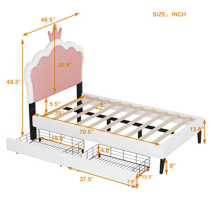 Twin Size Upholstered Princess Bed With Crown Headboard and 2 Drawers,Twin  Size Platform Bed with Headboard and Footboard, Pink+White