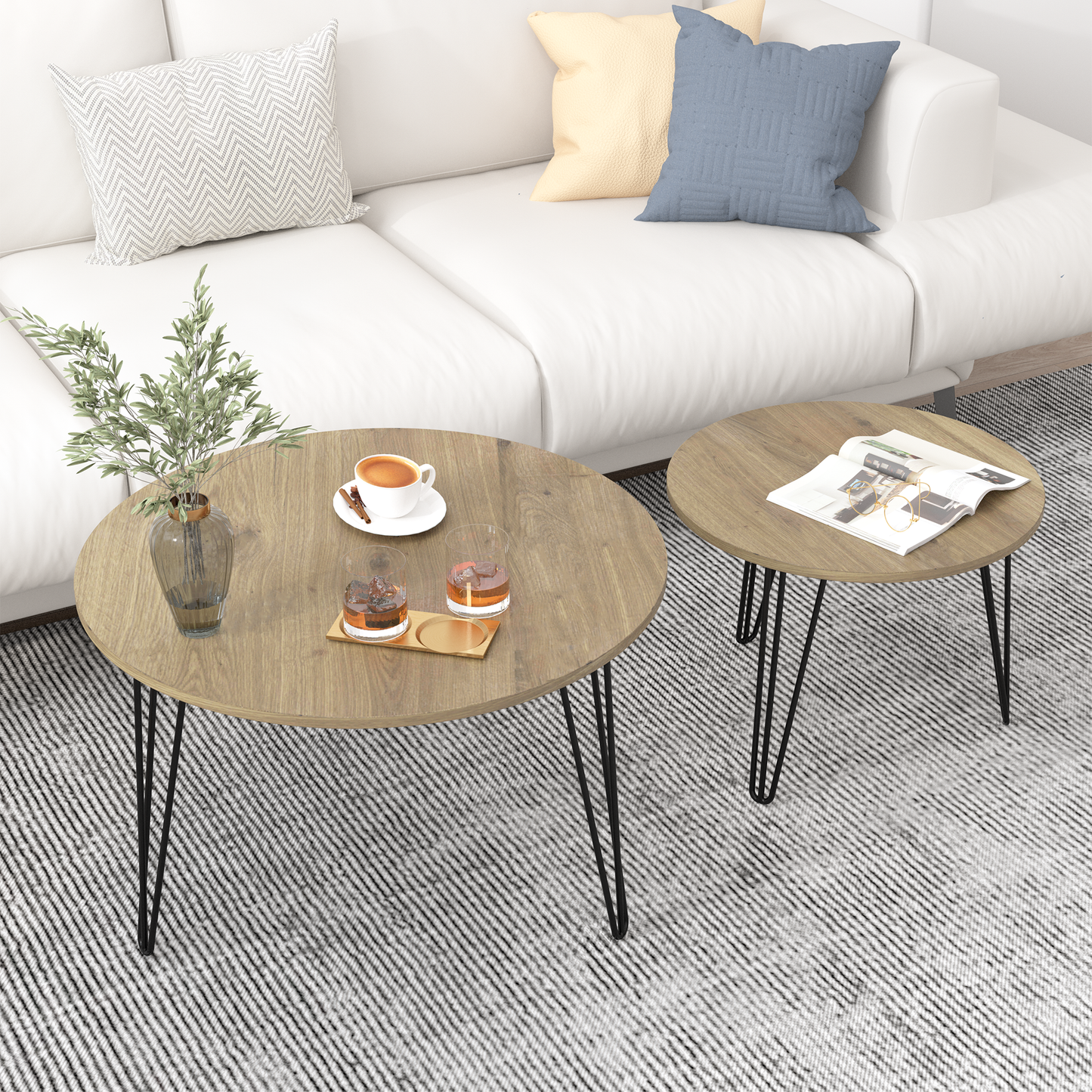 27.56'' Round Nesting Coffee Table Set of 2, Circular Nesting End Table Set, Round Wooden Tabletop, and Sturdy Metal Base for Living Room, bedroom, Brown