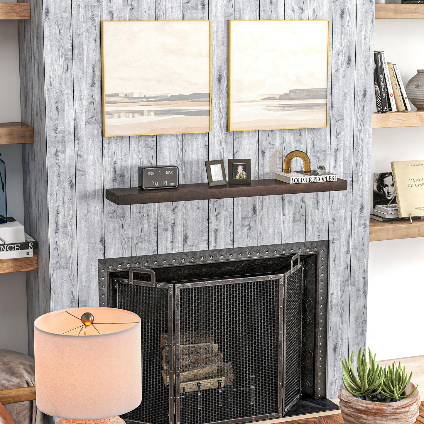 HOMCOM 48 Inch Fireplace Mantel, Floating Farmhouse Solid Fir Wood Shelf, Handmade Heavy Duty Wall Mounted Shelf, with Metal Bracket, Walnut Brown