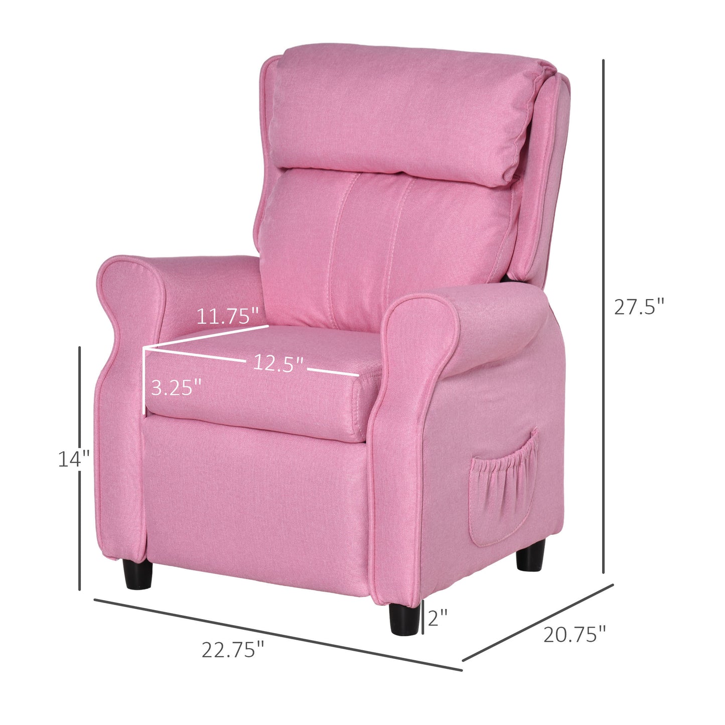 Qaba Kids Recliner Chair Children Sofa Angle Adjustable Single Lounger Armchair Gaming Chair with Footrest 2 Side Pockets for 3-5 Years, Light Pink