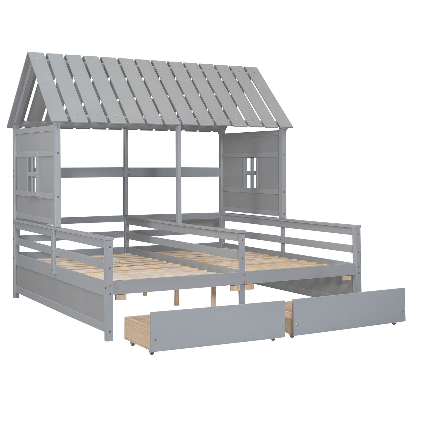 Twin Size House Platform Beds with Two Drawers for Shared Use in Gray, Pine Wood and MDF