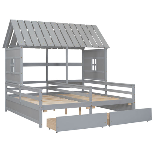 Twin Size House Platform Beds with Two Drawers for Shared Use in Gray, Pine Wood and MDF