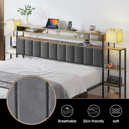 King Bed Frame with Storage, Platform Bed King Size with LED Lights and Charging Station, Dark gray velvet Headboard with Bookcase Shelves, No Box Spring Needed, Noise Free