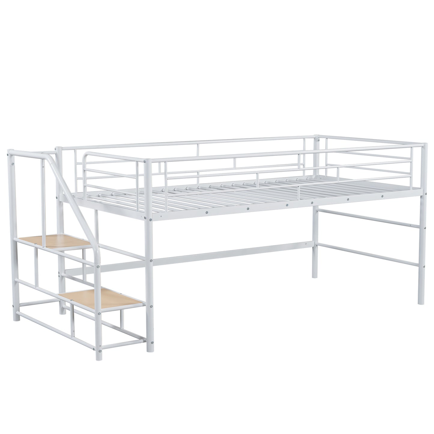 White Twin Mid Loft Bed with Storage Stairs and Metal Frame