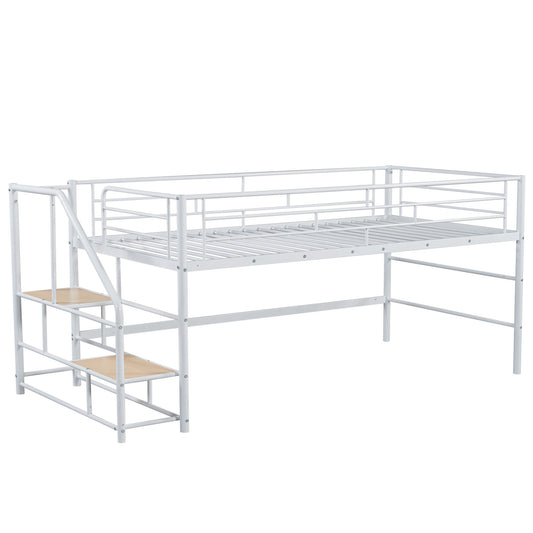 White Twin Mid Loft Bed with Storage Stairs and Metal Frame