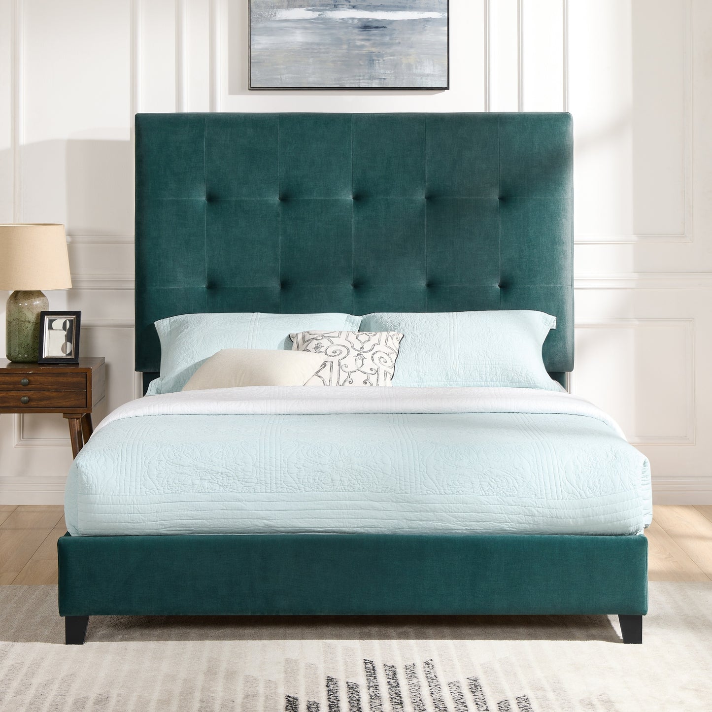 Queen Size Green Velvet Tufted Upholstered Platform Bed