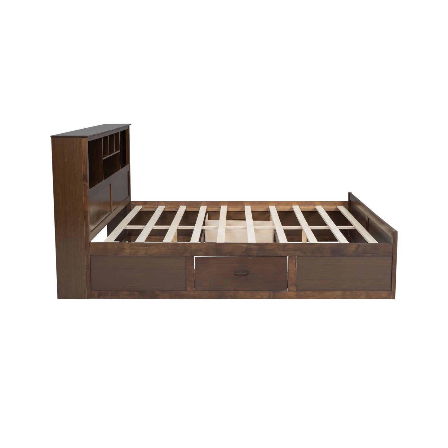 King Size Wood Platform Bed with Multi-storage Headboard, USB and Drawers, Antique Wood Color