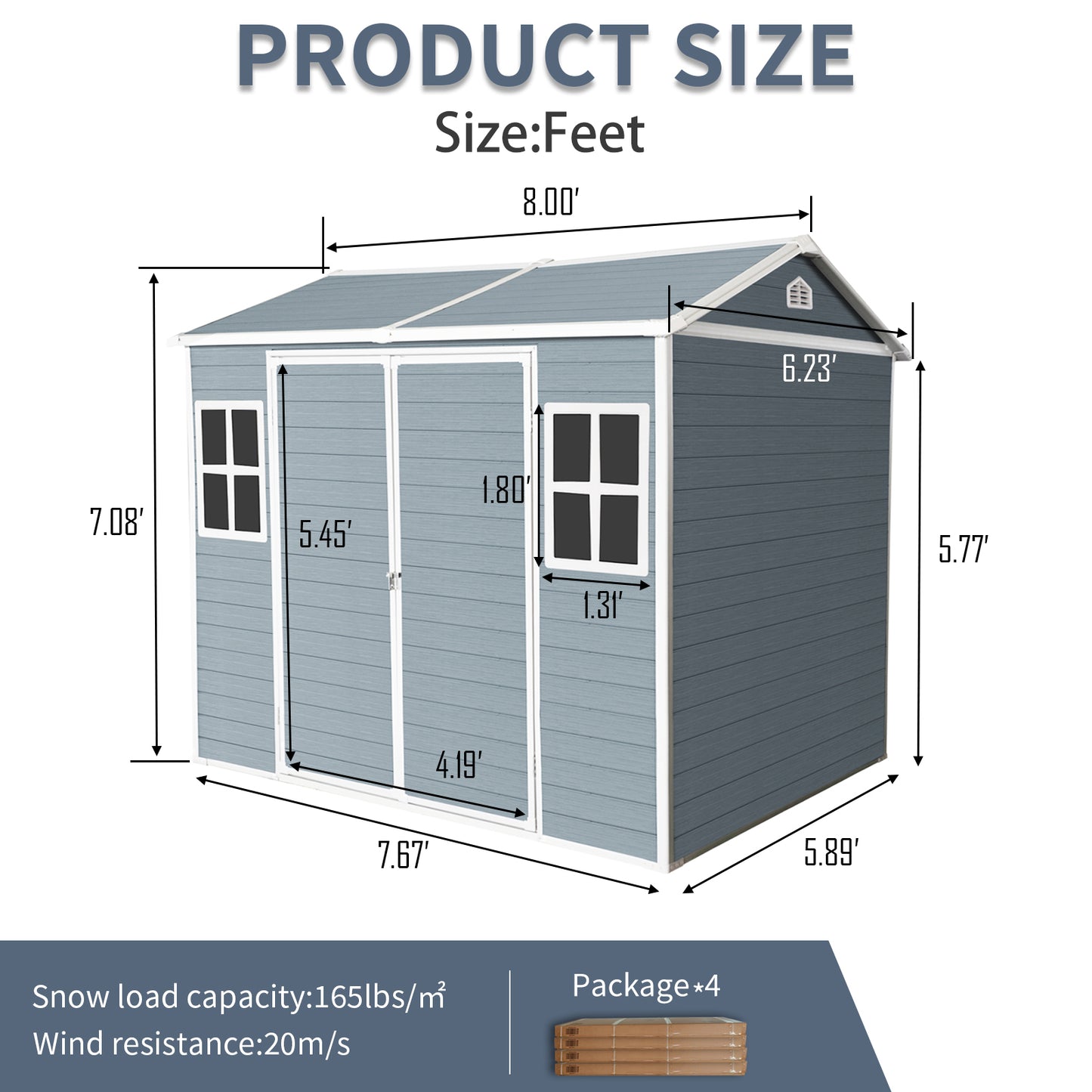 8 x 6 ft Resin Outdoor Storage Shed Waterproof Shed with Floor & Two Windows & Lockable Door, Tool Shed for Garden, Patio, Backyard,Gray