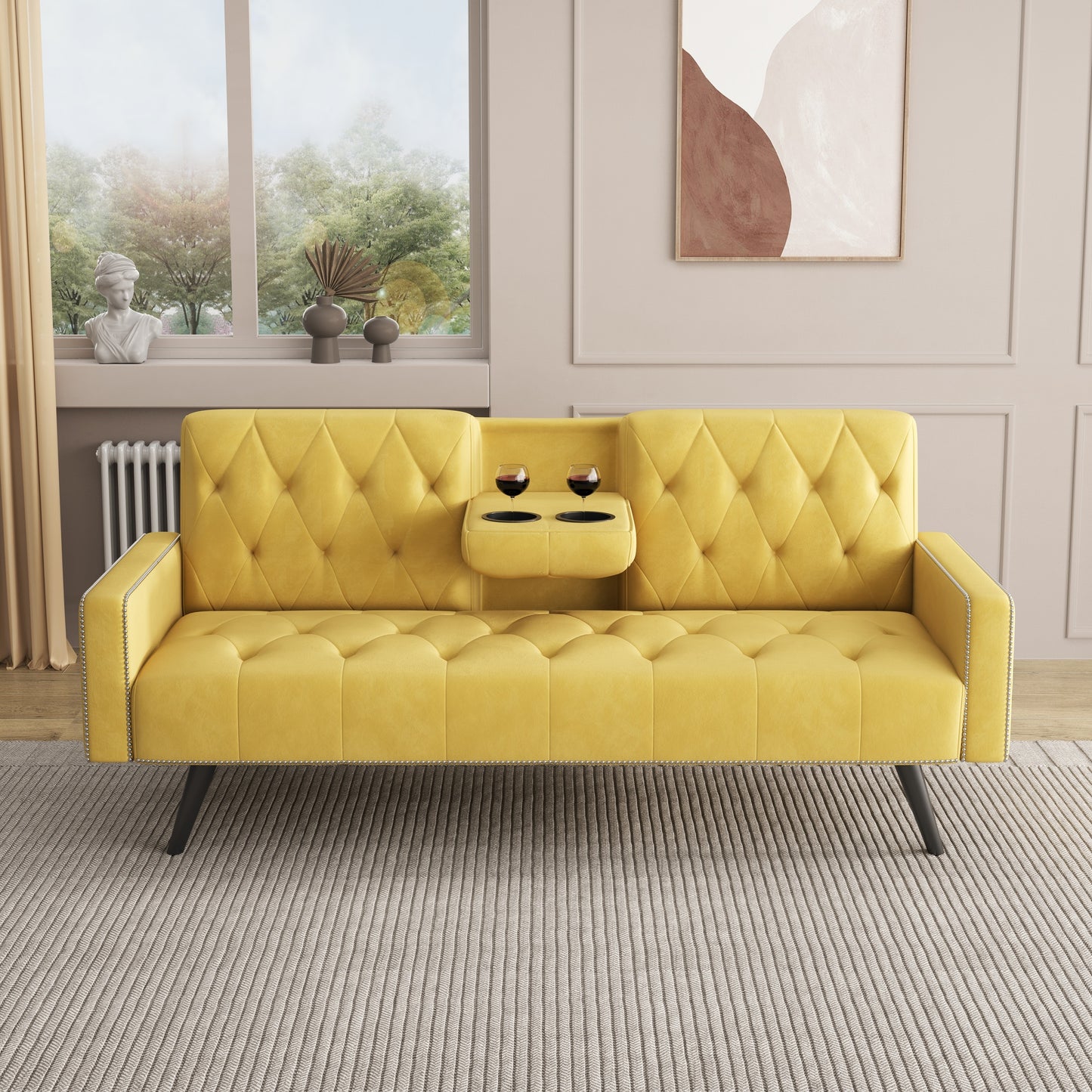 Compact Yellow Velvet Sofa Bed with Nailhead Trim Armrests & Dual Cup Holders - Perfect for Small Spaces, 72-Inch Length