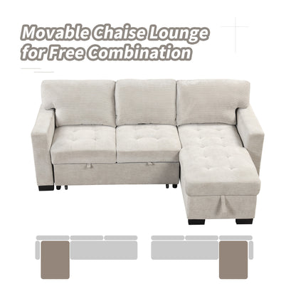 Stylish and Functional Light Chaise Lounge Sectional with Storage Rack Pull-out Bed Drop Down Table  and USB Charger Light Gray