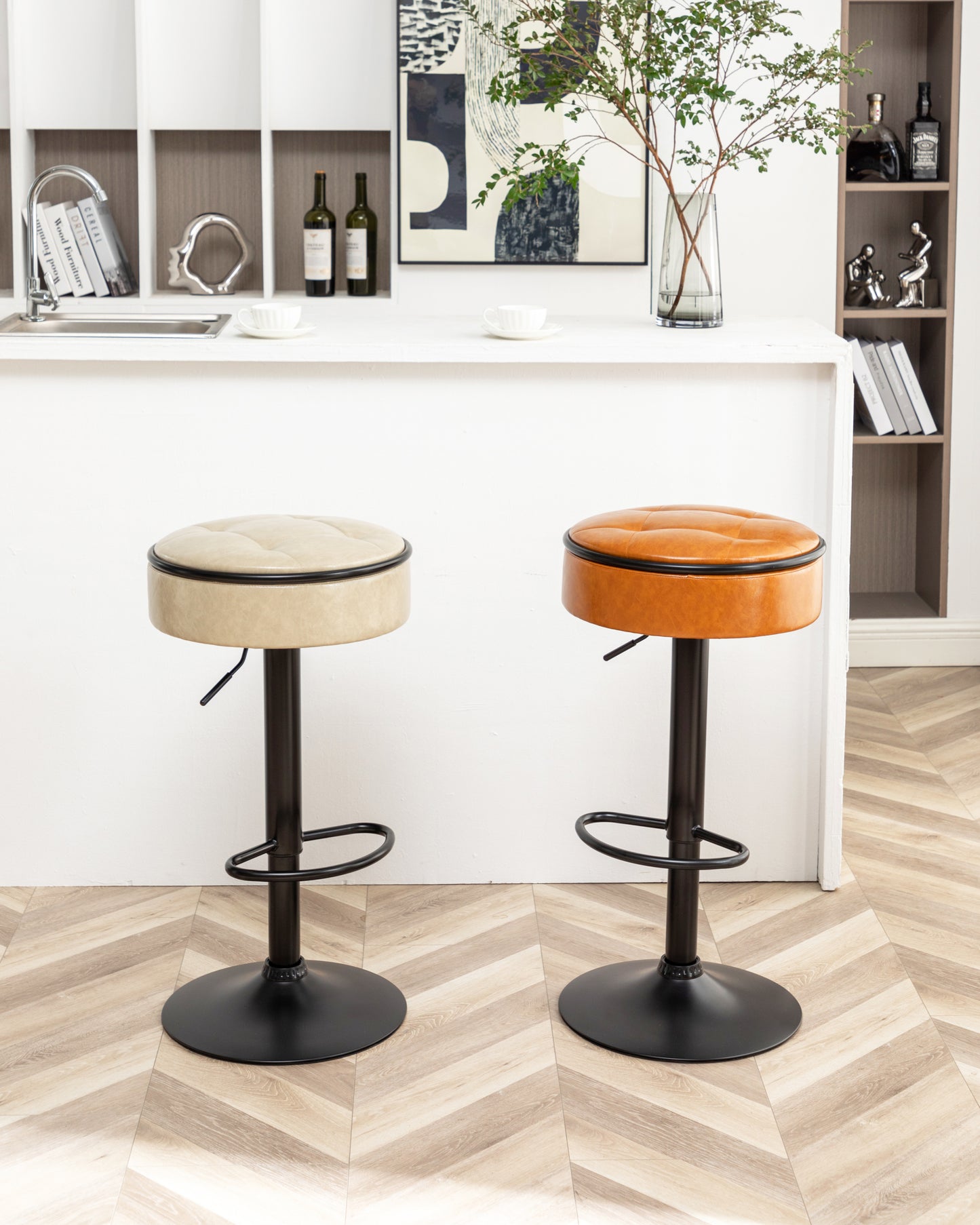 Round Storage Bar Stool Set of 2, Brown Faux Leather Height Adjustable Barstool, 360°Counter Height Swivel Stool, Armless Bar Chair with Metal Frame for Kitchen Counter Dining Living Room