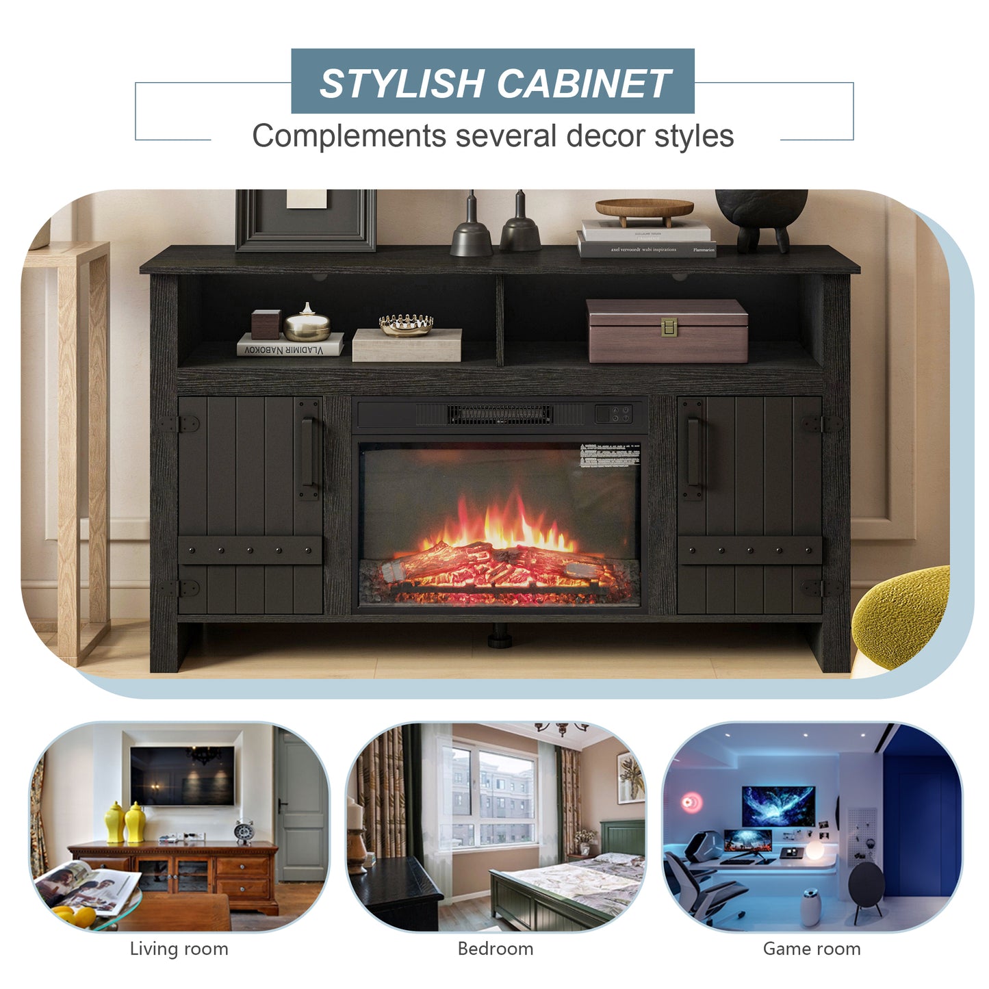 TVstandTVcabinet,media console,storage cabinet,entertainment center,with electronicfireplace and remote control,using the latest infrared heating technology,electronic flame beautiful,safe color:black